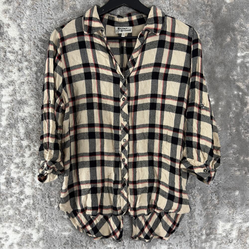 Hester & Orchard Size S Plaid V‎ Neck Casual Button Top 3/4 Sleeve Collar